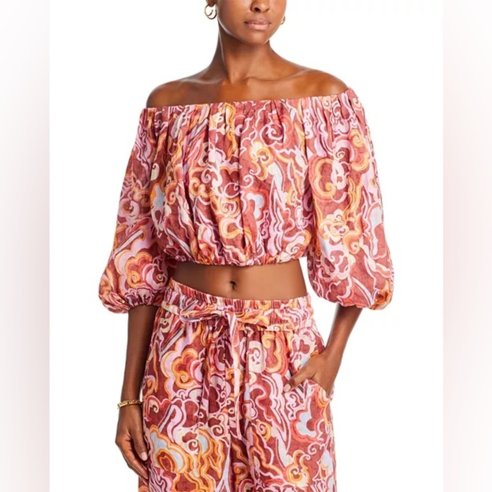 A.L.C. Katherine Printed Off-The-Shoulder Crop Top Pink Orange Linen Small Boho